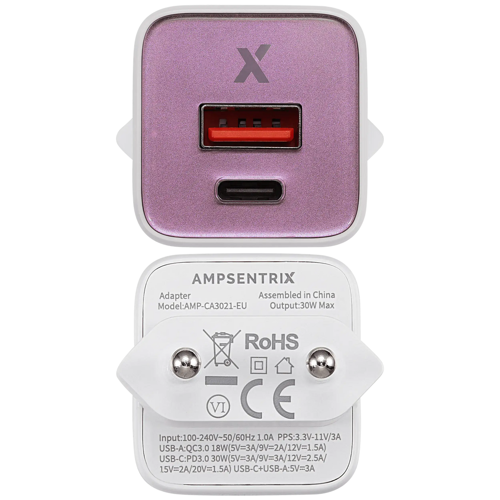 AmpSentrix Pro 30W 2-in-1 USB-C / USB-A GaN Wall Adapter (220V / EU Plug) (Pink)