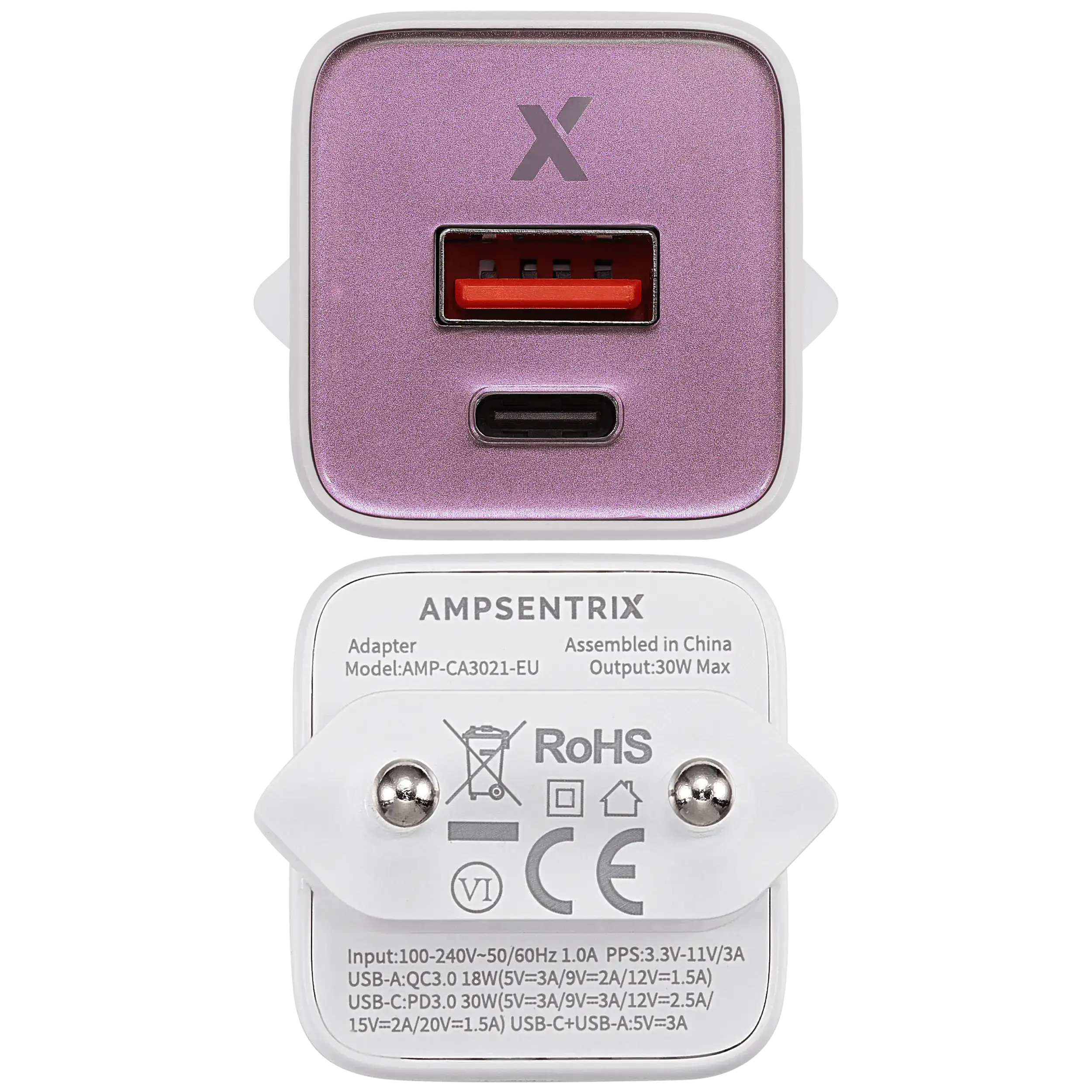 AmpSentrix Pro 30W 2-in-1 USB-C / USB-A GaN Wall Adapter (220V / EU Plug) (Pink)