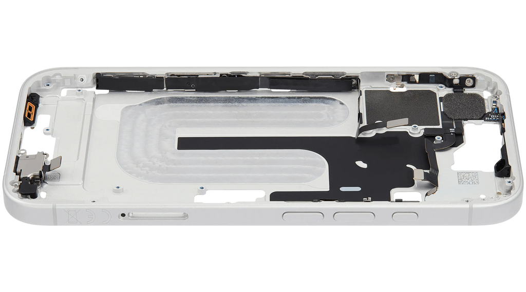 Midframe/Rahmen mit Small Parts für iPhone 16 (EU / Global Version) (gebrauchter OEM-Ausbau, Qualität B) (Weiß)