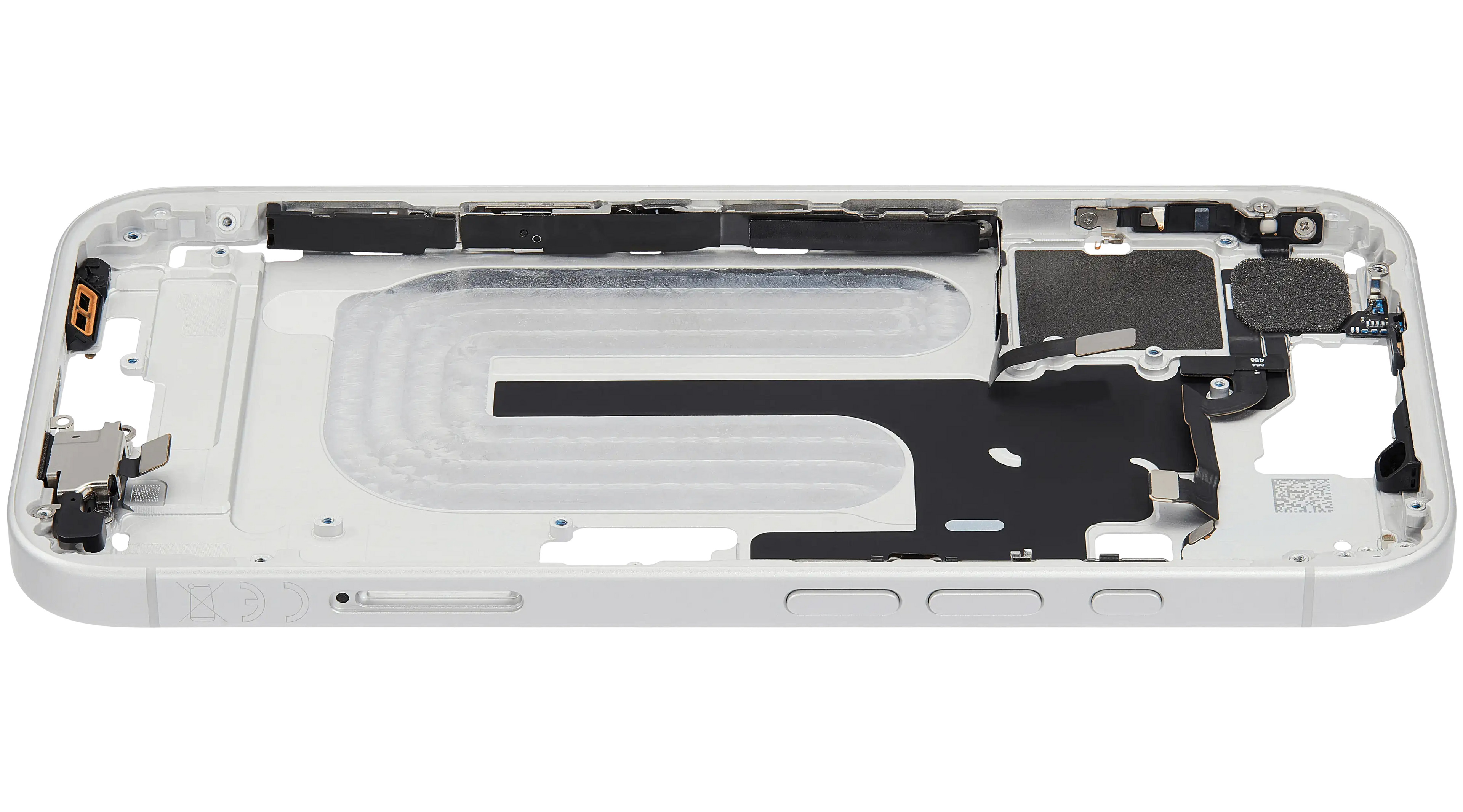 Midframe/Rahmen mit Small Parts für iPhone 16 (EU / Global Version) (gebrauchter OEM-Ausbau, Qualität B) (Weiß)