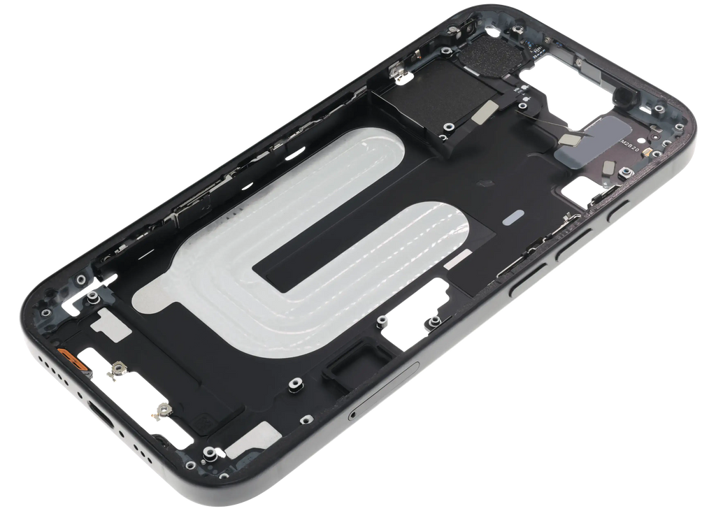 Midframe/Rahmen mit Small Parts für iPhone 16 (EU / Global Version) (gebrauchter OEM-Ausbau, Qualität C) (Schwarz)