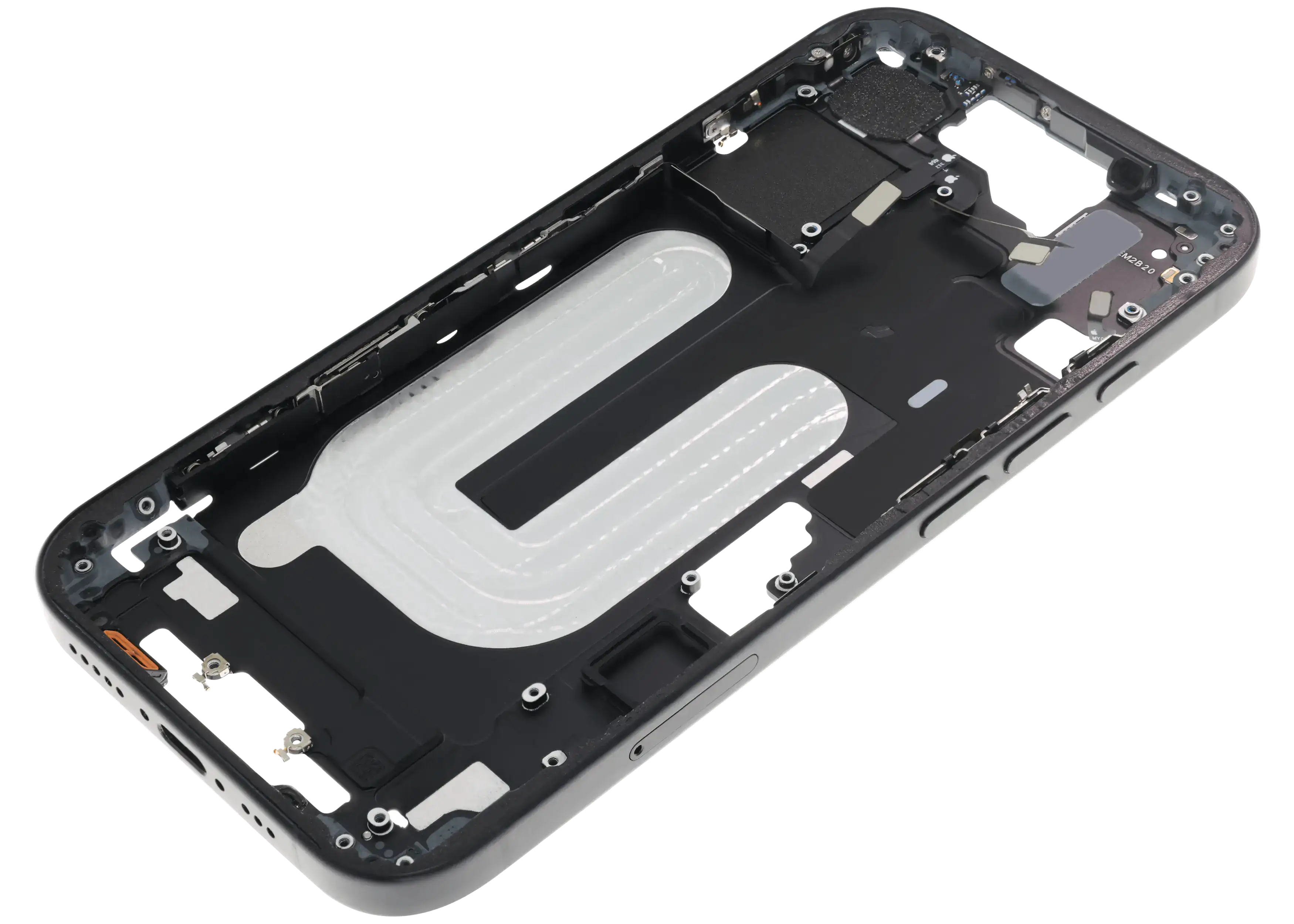Midframe/Rahmen mit Small Parts für iPhone 16 (EU / Global Version) (gebrauchter OEM-Ausbau, Qualität C) (Schwarz)