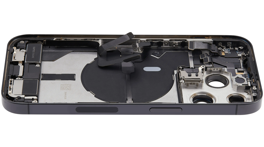 Backcover/Rahmen mit Ladebuchse Flex & Small Parts für iPhone 14 Pro (US-Version) (gebrauchter OEM-Ausbau, Qualität A) (Space Schwarz)