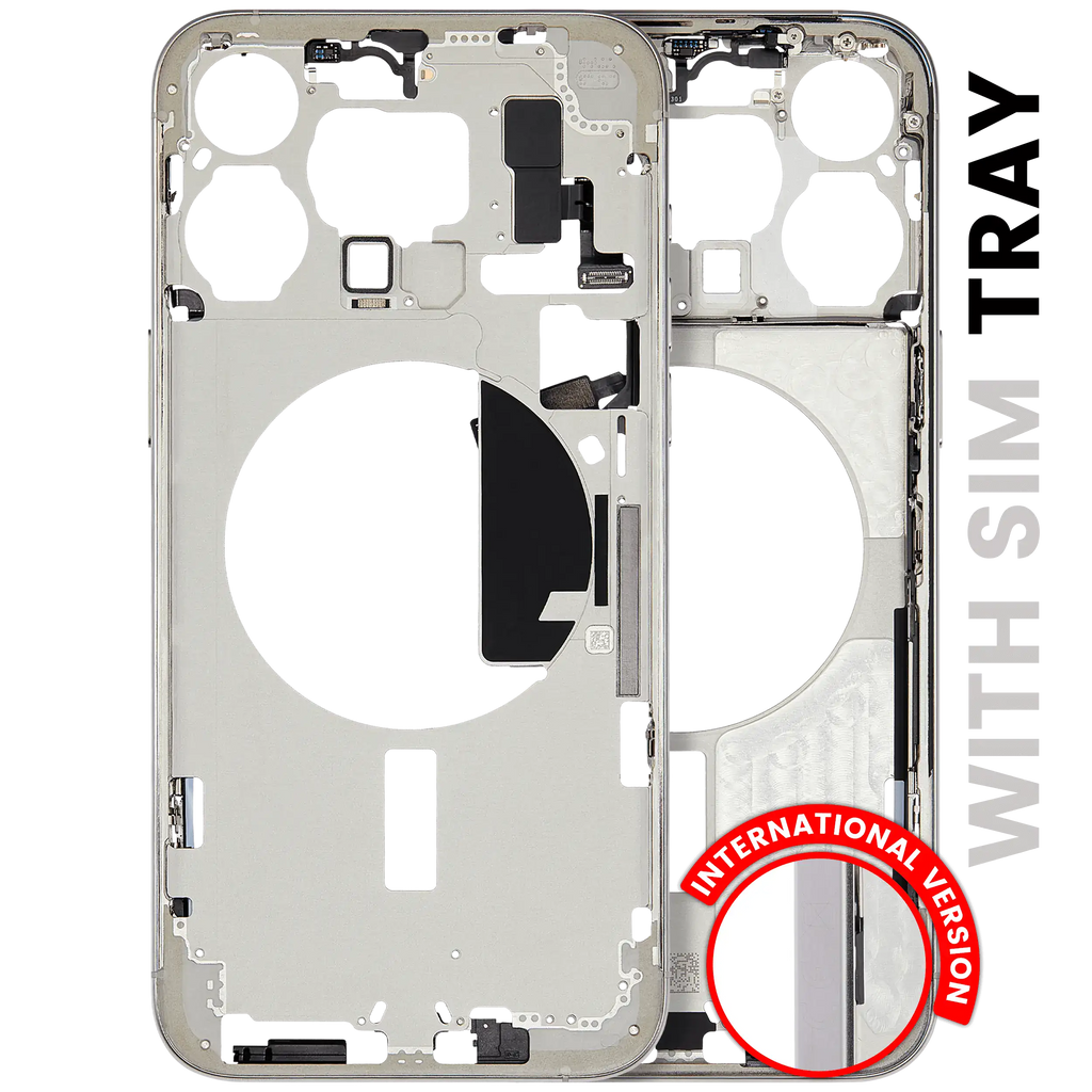 Midframe/Rahmen mit Small Parts für iPhone 15 Pro Max (EU / Global Version) (gebrauchter OEM-Ausbau, Qualität C) (Weiß Titanium)