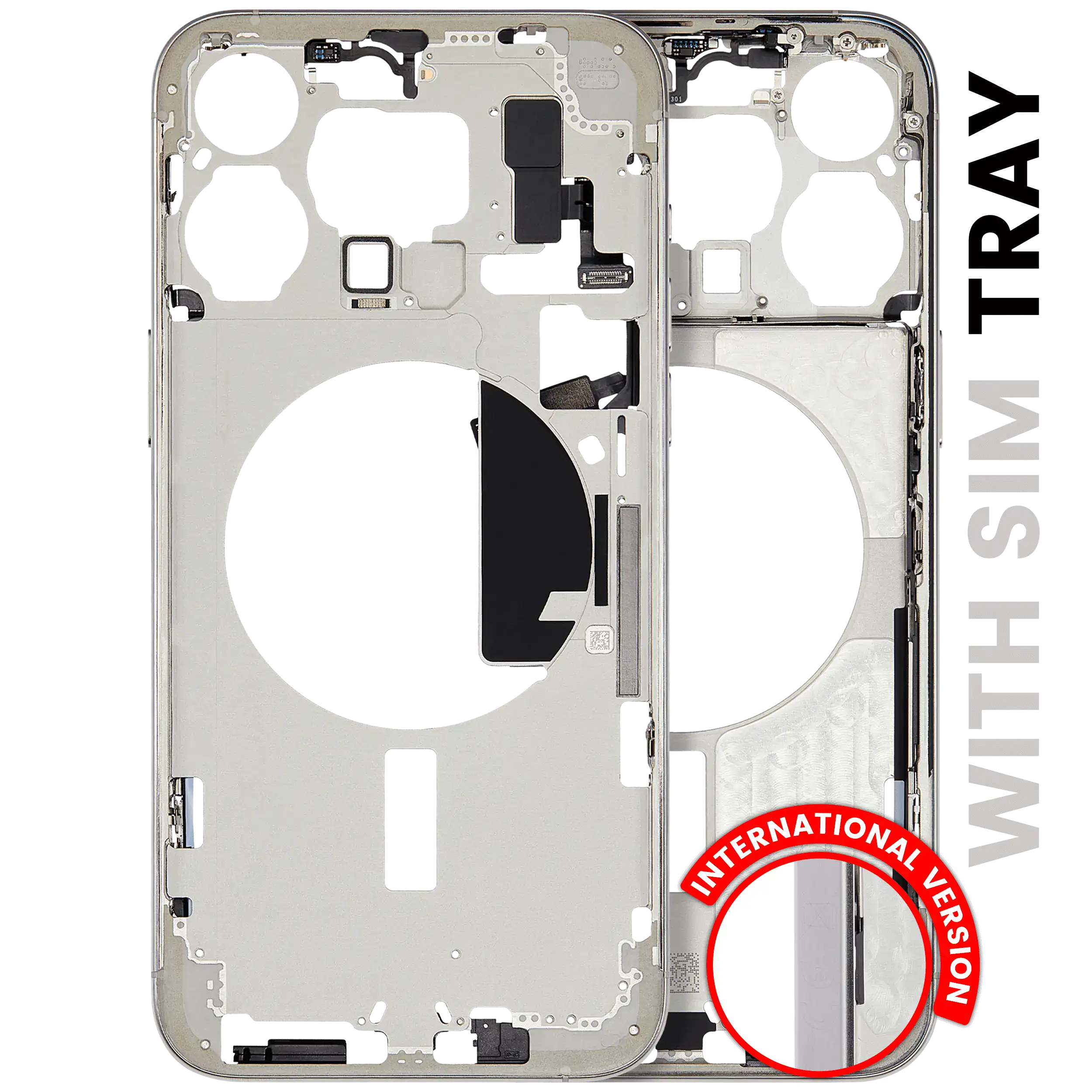 Midframe/Rahmen mit Small Parts für iPhone 15 Pro Max (EU / Global Version) (gebrauchter OEM-Ausbau, Qualität C) (Weiß Titanium)