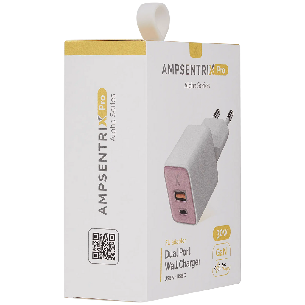 AmpSentrix Pro 30W 2-in-1 USB-C / USB-A GaN Wall Adapter (220V / EU Plug) (Pink)