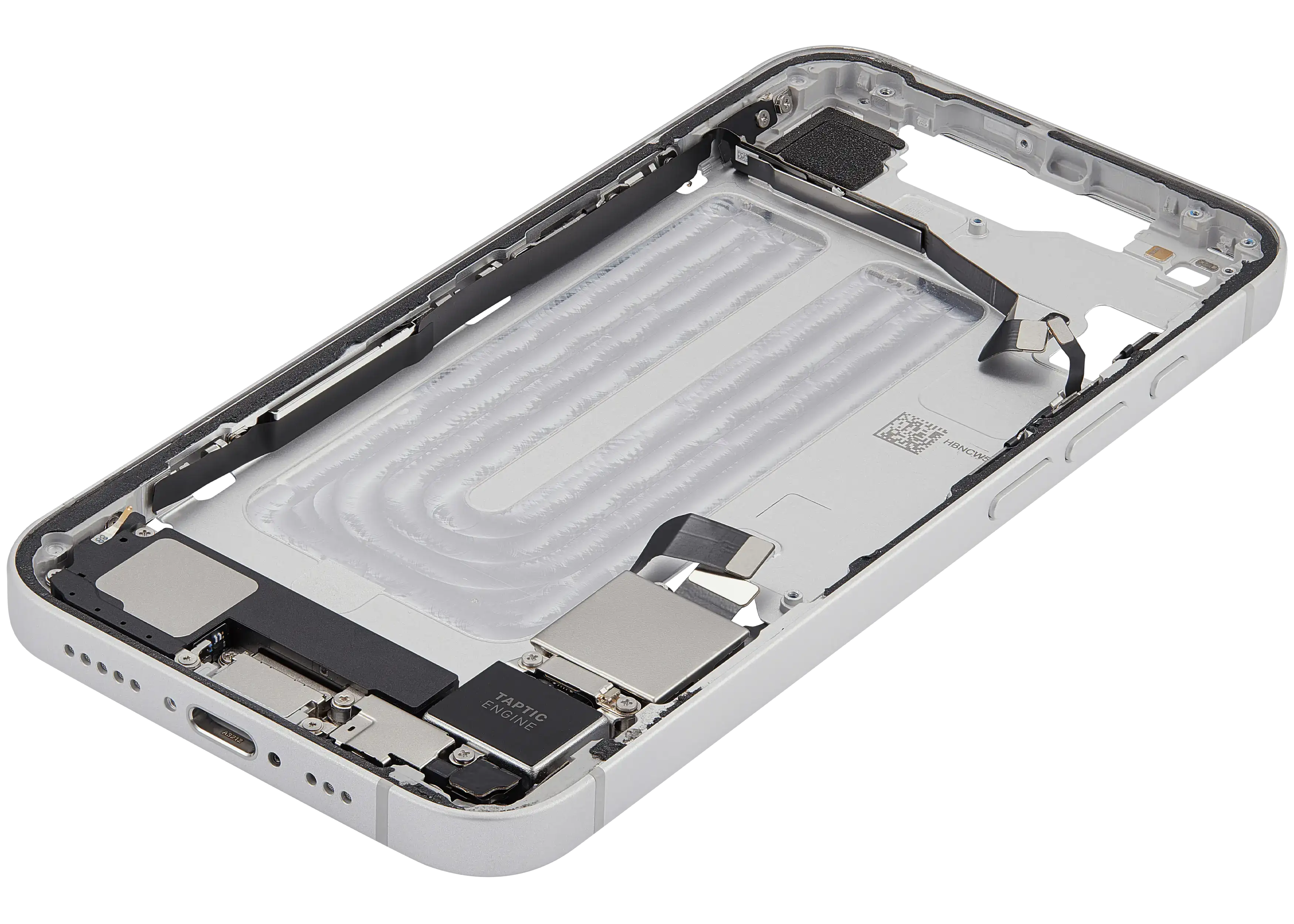 Midframe/Rahmen mit Ladebuchse Flex & Small Parts für iPhone 16e (US-Version) (gebrauchter OEM-Ausbau, Qualität C) (Weiß)