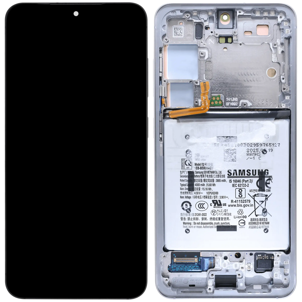 OLED-Display mit Rahmen für Samsung Galaxy S25 5G (US & Internationale Version) (gebrauchter OEM-Ausbau, Qualität B) (Silver Shadow)