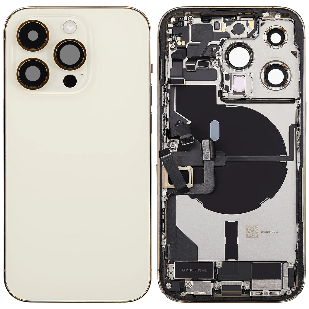 Backcover/Rahmen mit Ladebuchse Flex & Small Parts für iPhone 14 Pro (EU / Global Version) (gebrauchter OEM-Ausbau, Qualität C) (Gold)