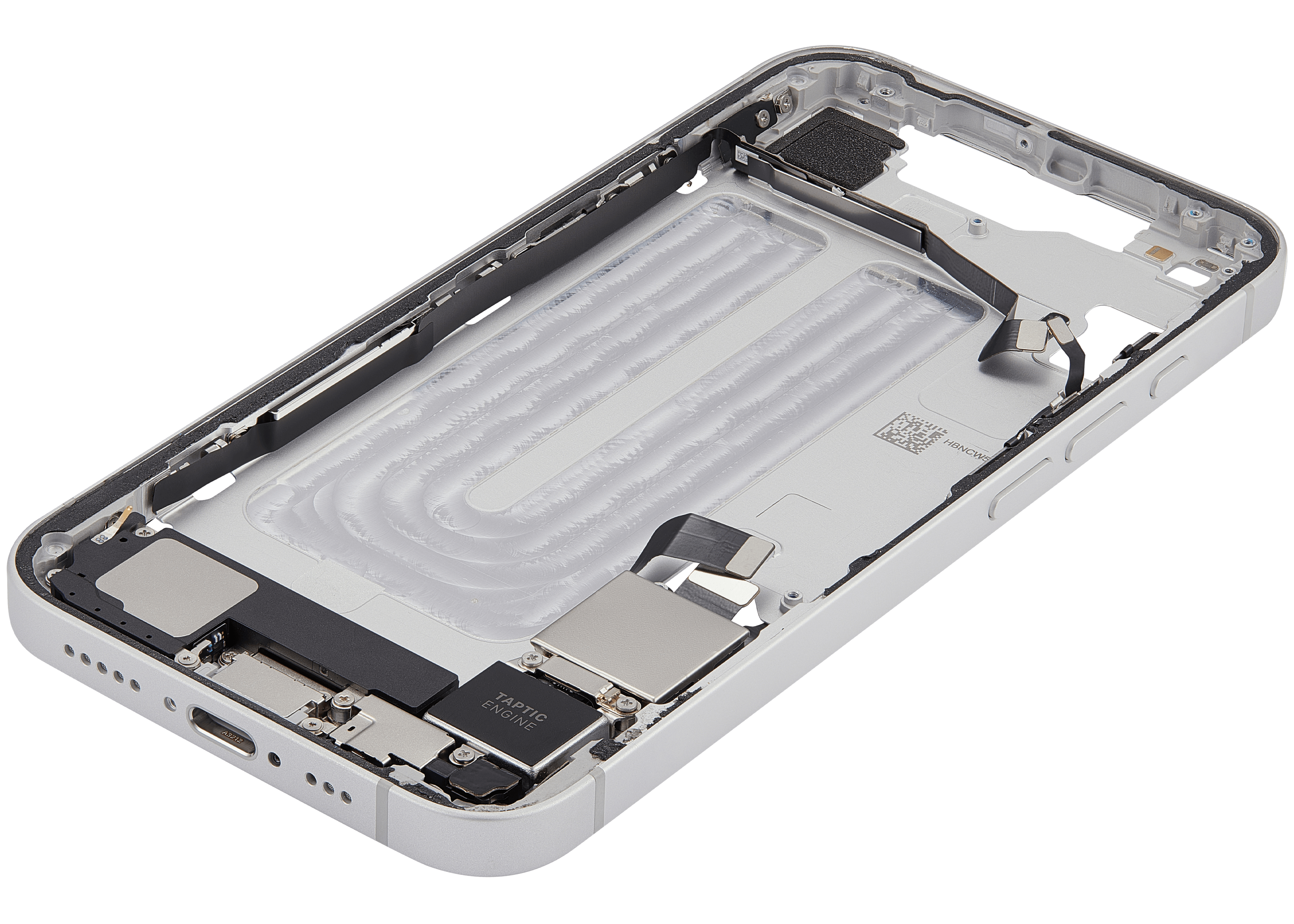 Midframe/Rahmen mit Ladebuchse Flex & Small Parts für iPhone 16e / 17e (US-Version) (gebrauchter OEM-Ausbau, Qualität A) (Weiß)