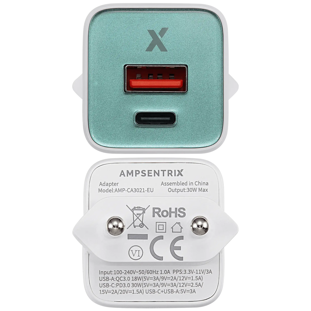 AmpSentrix Pro 30W 2-in-1 USB-C / USB-A GaN Wall Adapter (220V / EU Plug) (Teal)