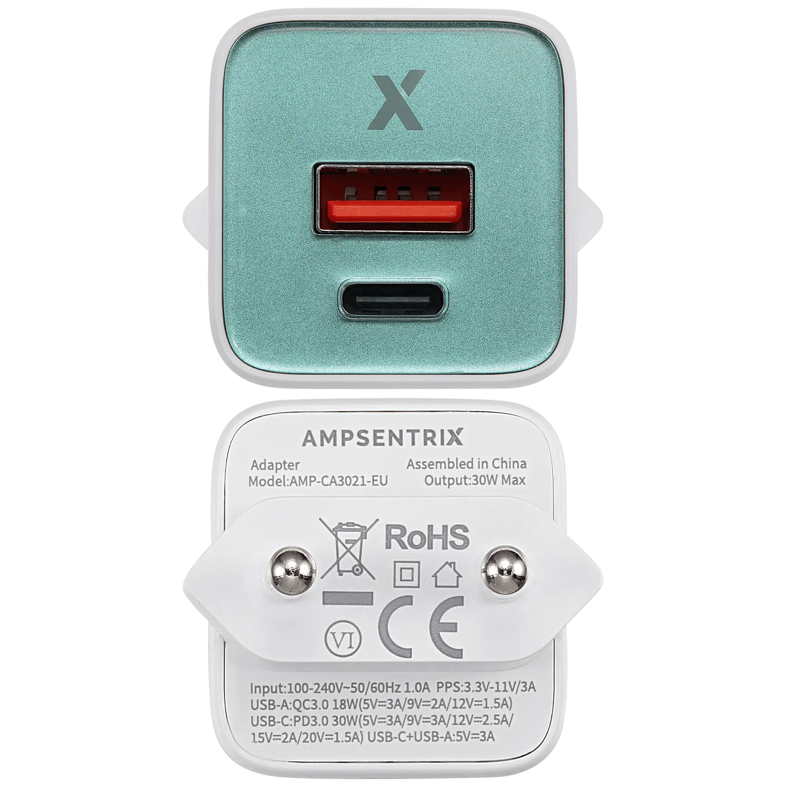 AmpSentrix Pro 30W 2-in-1 USB-C / USB-A GaN Wall Adapter (220V / EU Plug) (Teal)