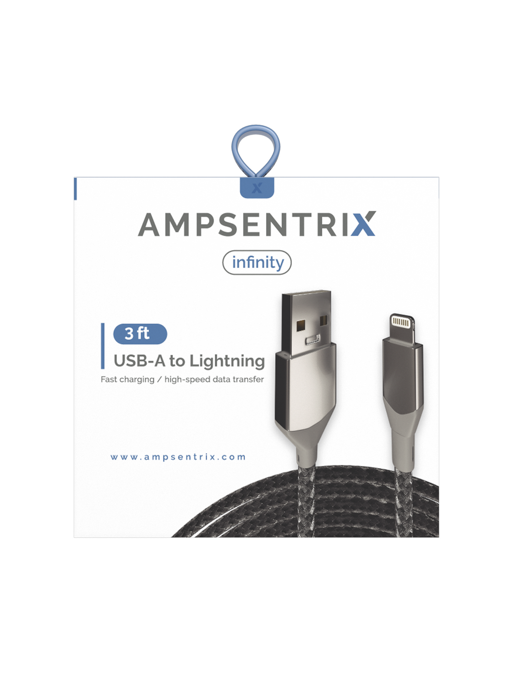USB Type-A to Lightning Cable (Non-MFI) (1 m / 3 ft) (AmpSentrix Infinity) (Silver)