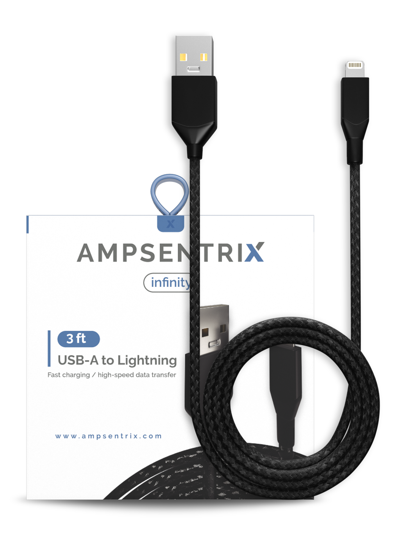 USB-A to Lightning Cable (Non-MFI) (1m / 3ft) (AmpSentrix Infinity) (Black)