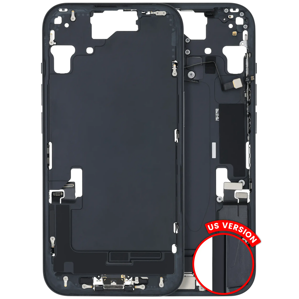 Midframe/Frame with Charging Port Flex and Small Parts for iPhone 15 (US Version) (Used OEM Pull, Quality A) (Black)