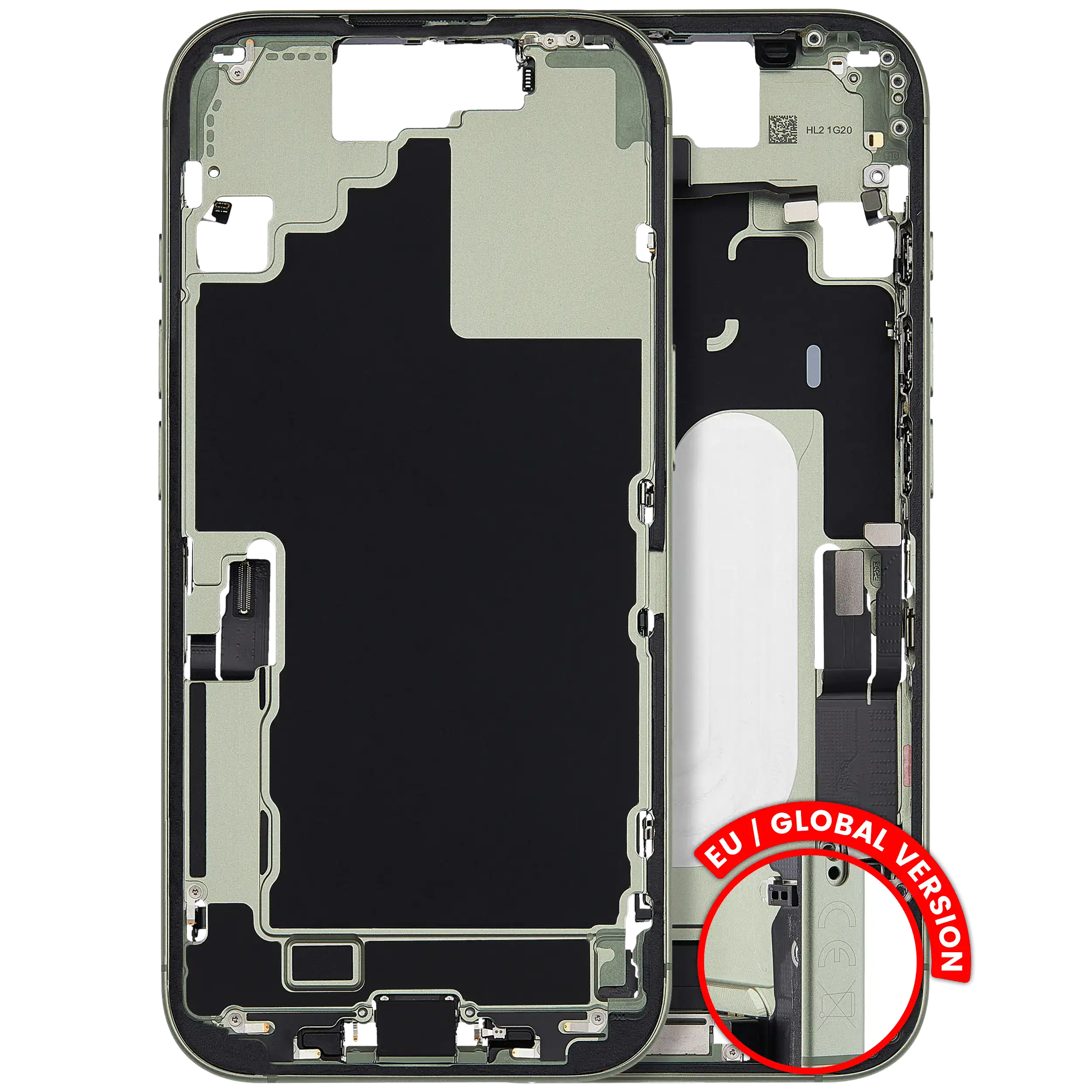 Midframe/Rahmen mit Ladebuchse Flex & Small Parts für iPhone 17 (EU / Global Version) (gebrauchter OEM-Ausbau, Qualität A) (Sage)