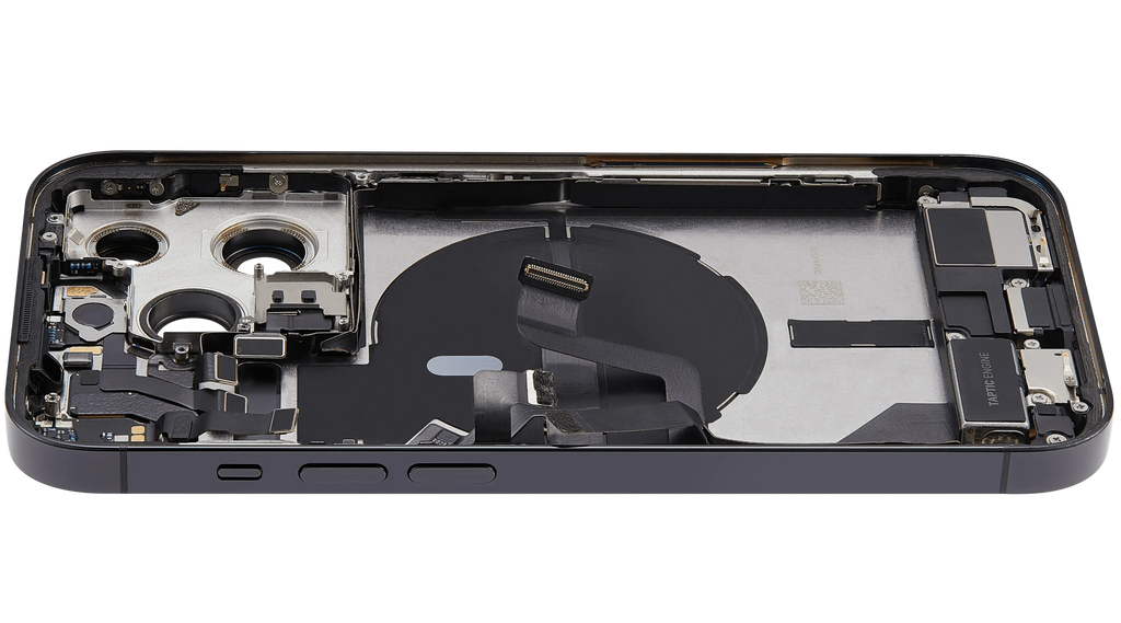 Backcover/Rahmen mit Ladebuchse Flex & Small Parts für iPhone 14 Pro (US-Version) (gebrauchter OEM-Ausbau, Qualität A) (Space Schwarz)