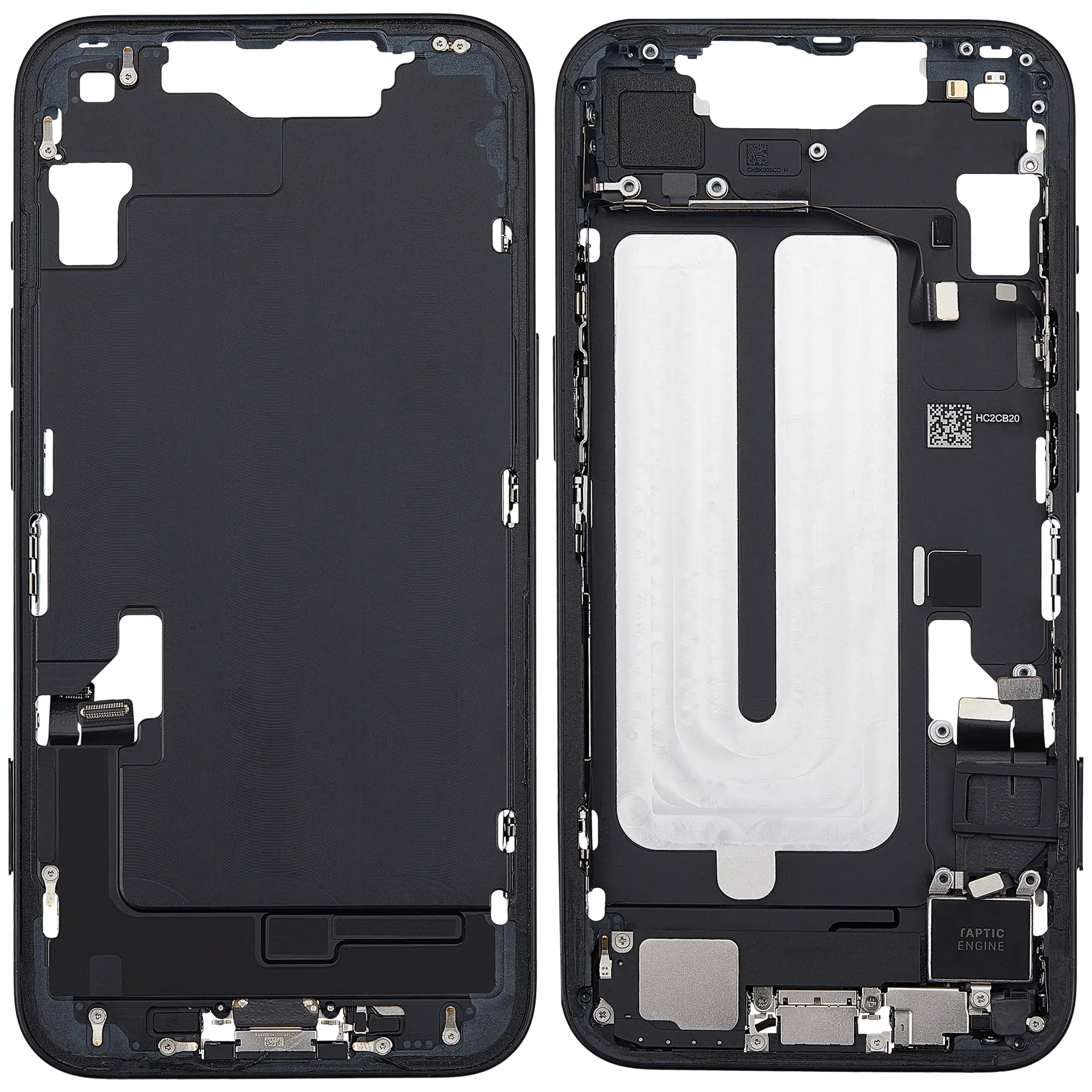 Midframe/Rahmen mit Ladebuchse Flex & Small Parts für iPhone 16e (EU / Global Version) (gebrauchter OEM-Ausbau, Qualität A) (Schwarz)