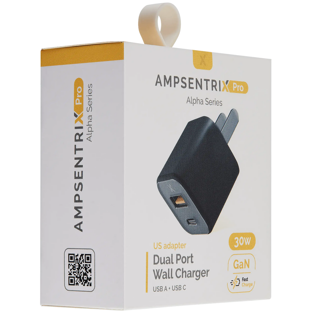 AmpSentrix Pro 30W 2-in-1 USB-C / USB-A GaN Wall Adapter (Schwarz Titanium)
