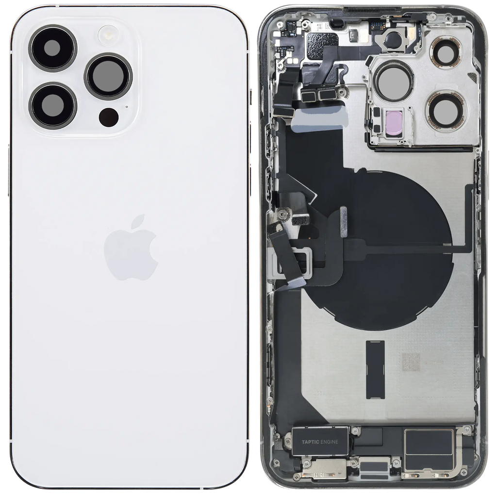 Backcover/Rahmen mit Ladebuchse Flex & Small Parts für iPhone 14 Pro Max (EU / Global Version) (gebrauchter OEM-Ausbau, Qualität A) (Silber)