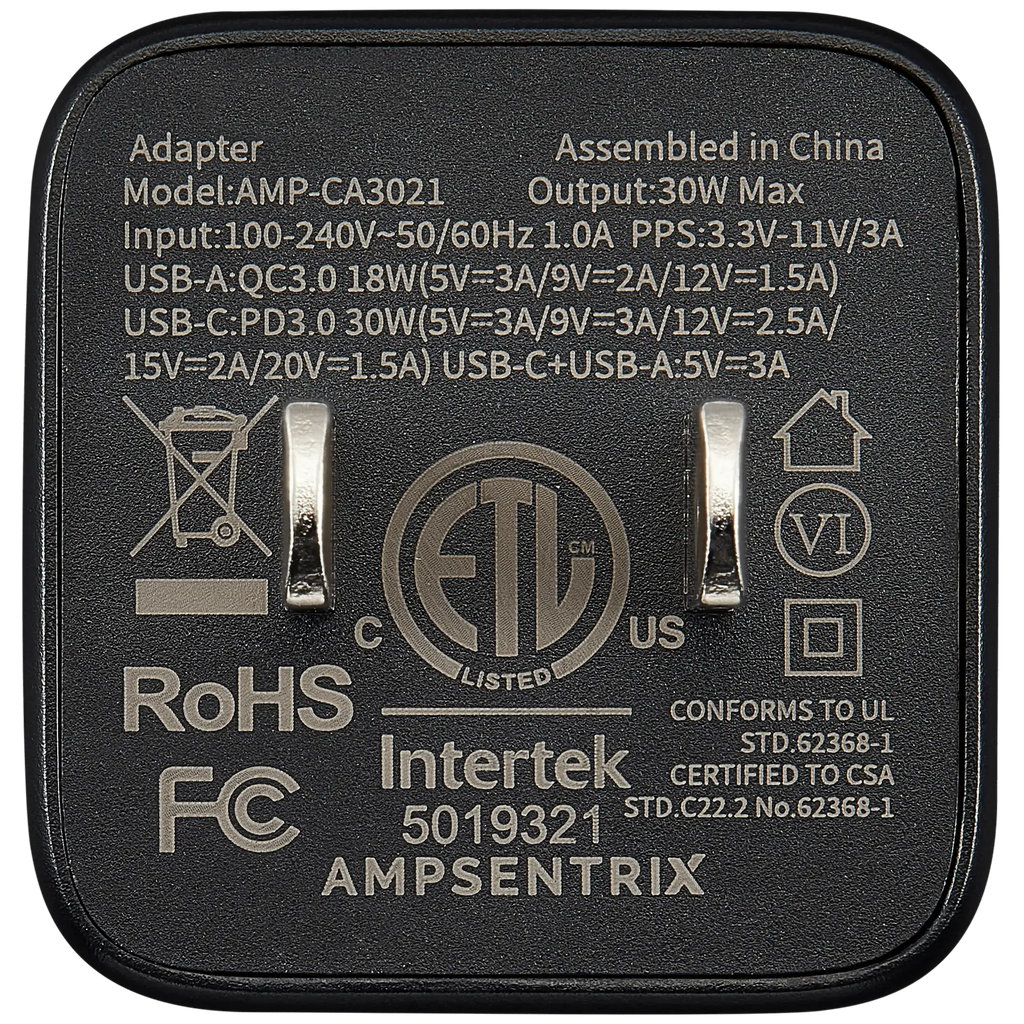 AmpSentrix Pro 30W 2-in-1 USB-C / USB-A GaN Wall Adapter (Schwarz Titanium)