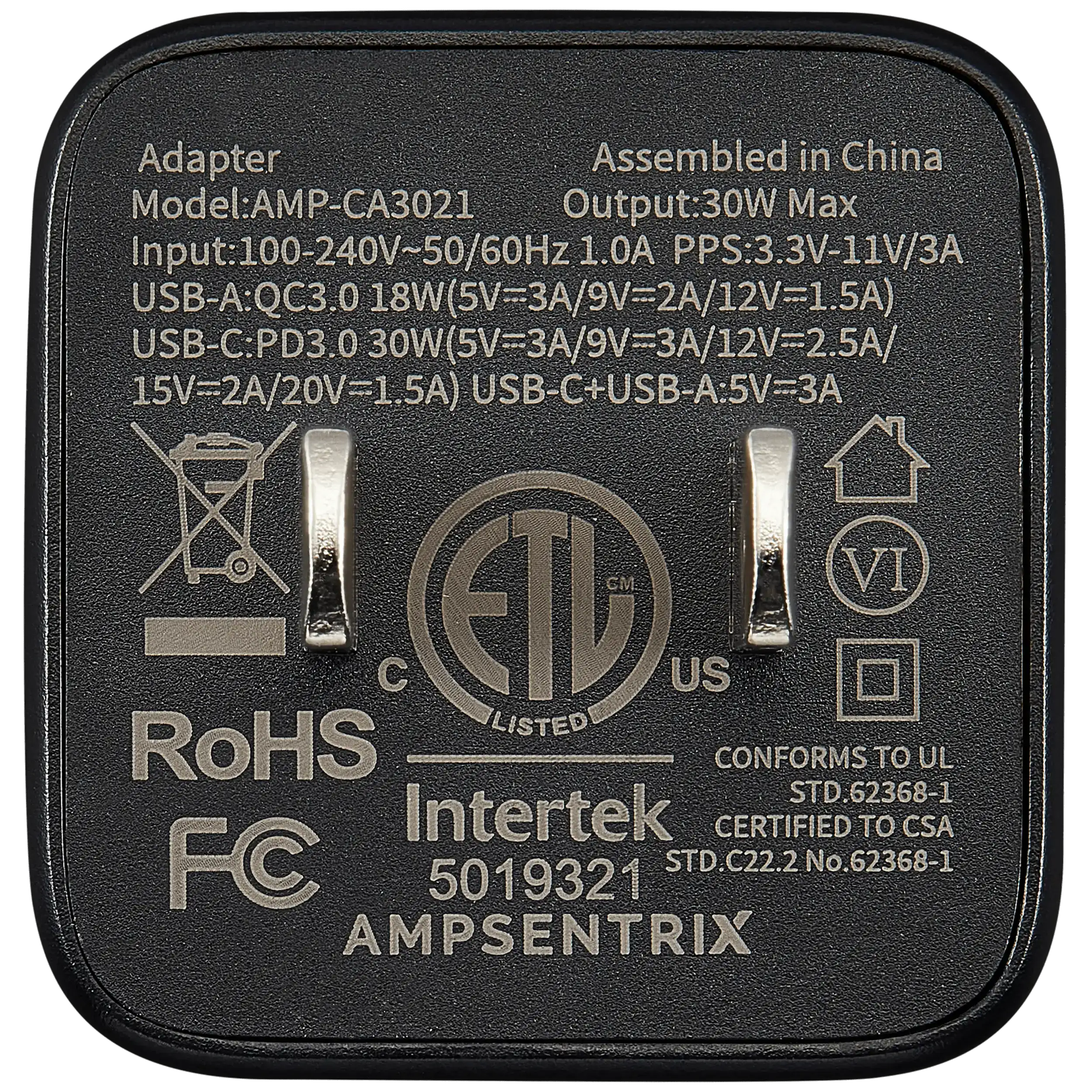 AmpSentrix Pro 30W 2-in-1 USB-C / USB-A GaN Wall Adapter (Schwarz Titanium)