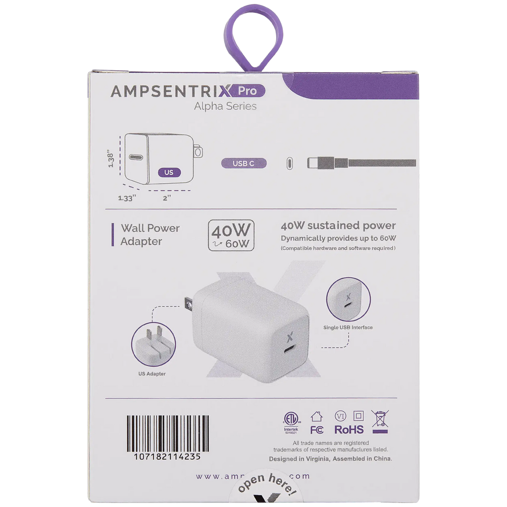 AmpSentrix 40W USB-C Wall Adapter (110V / US Plug)