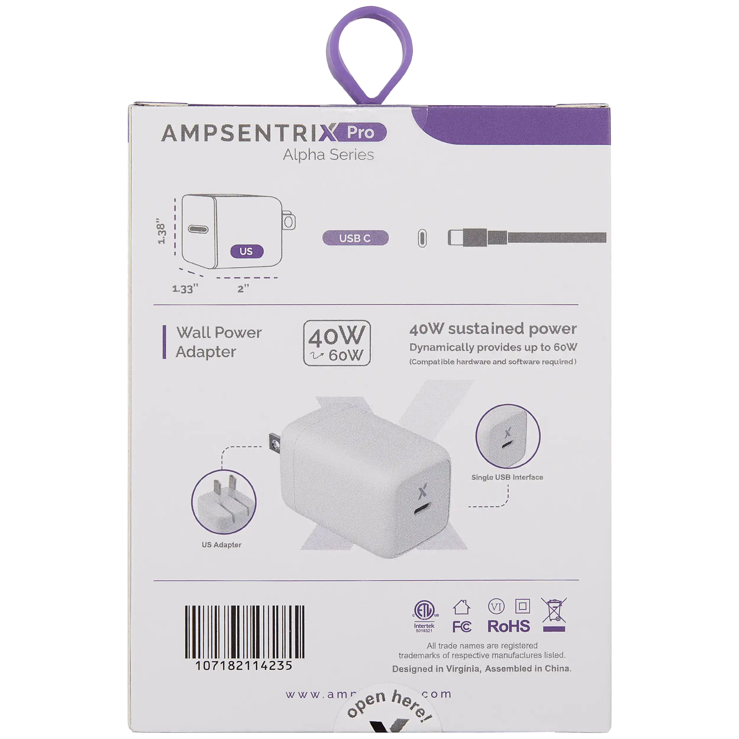 AmpSentrix 40W USB-C Wall Adapter (110V / US Plug)