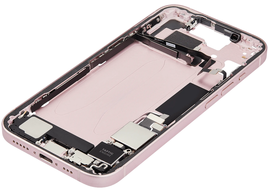 Midframe/Rahmen mit Ladebuchse Flex & Small Parts für iPhone 15 (US-Version) (gebrauchter OEM-Ausbau, Qualität C) (Pink)