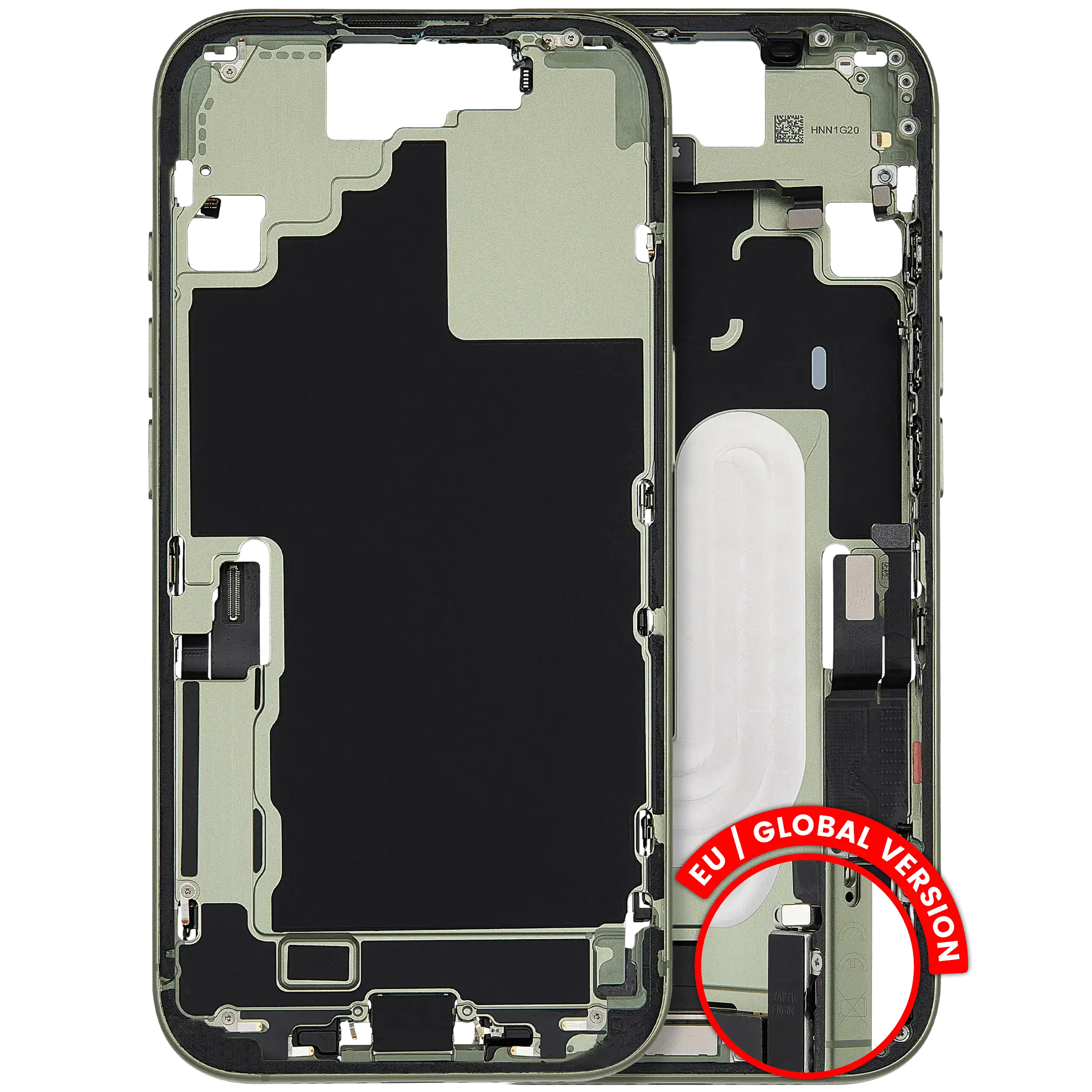 Midframe/Rahmen mit Ladebuchse Flex & Small Parts für iPhone 17 (EU / Global Version) (gebrauchter OEM-Ausbau, Qualität C) (Sage)
