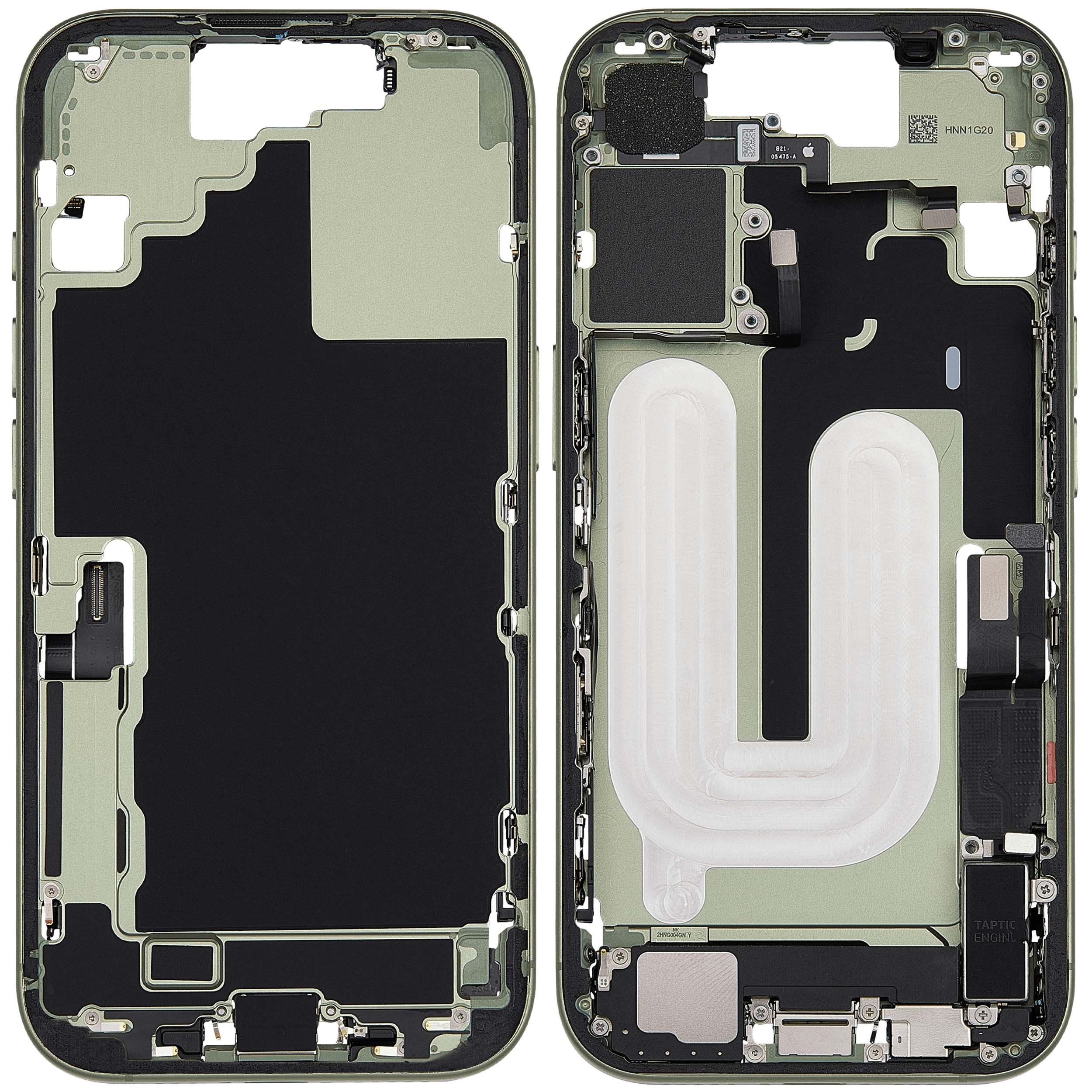 Midframe/Rahmen mit Ladebuchse Flex & Small Parts für iPhone 17 (EU / Global Version) (gebrauchter OEM-Ausbau, Qualität C) (Sage)