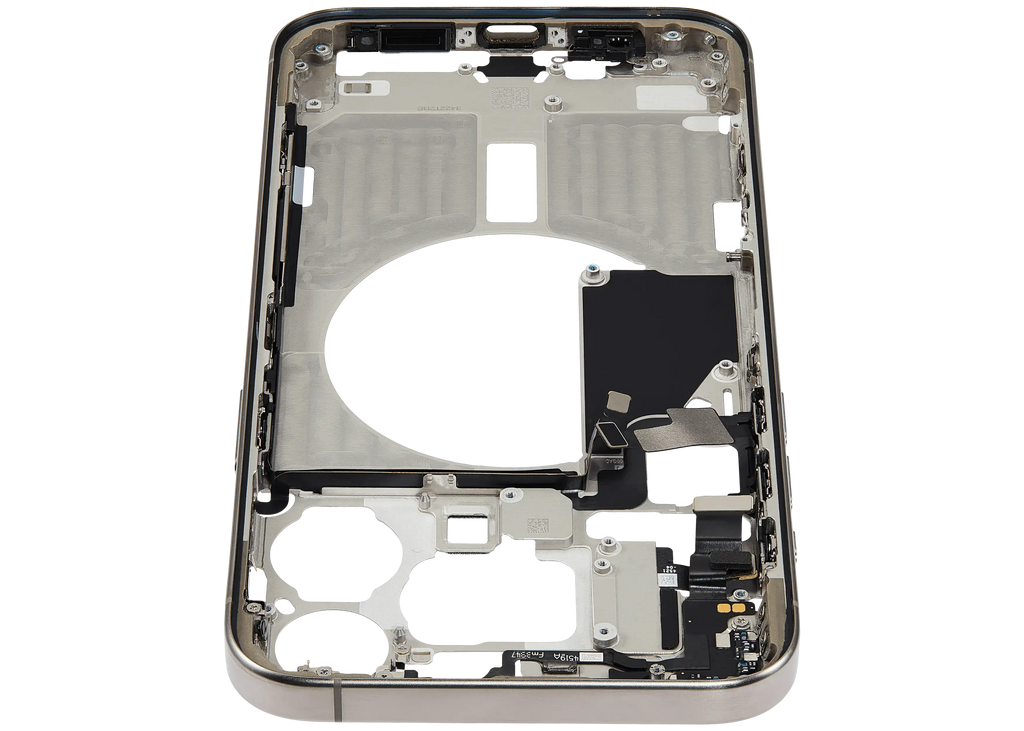 Midframe/Rahmen mit Small Parts für iPhone 15 Pro Max (EU / Global Version) (gebrauchter OEM-Ausbau, Qualität B) (Natural Titanium)