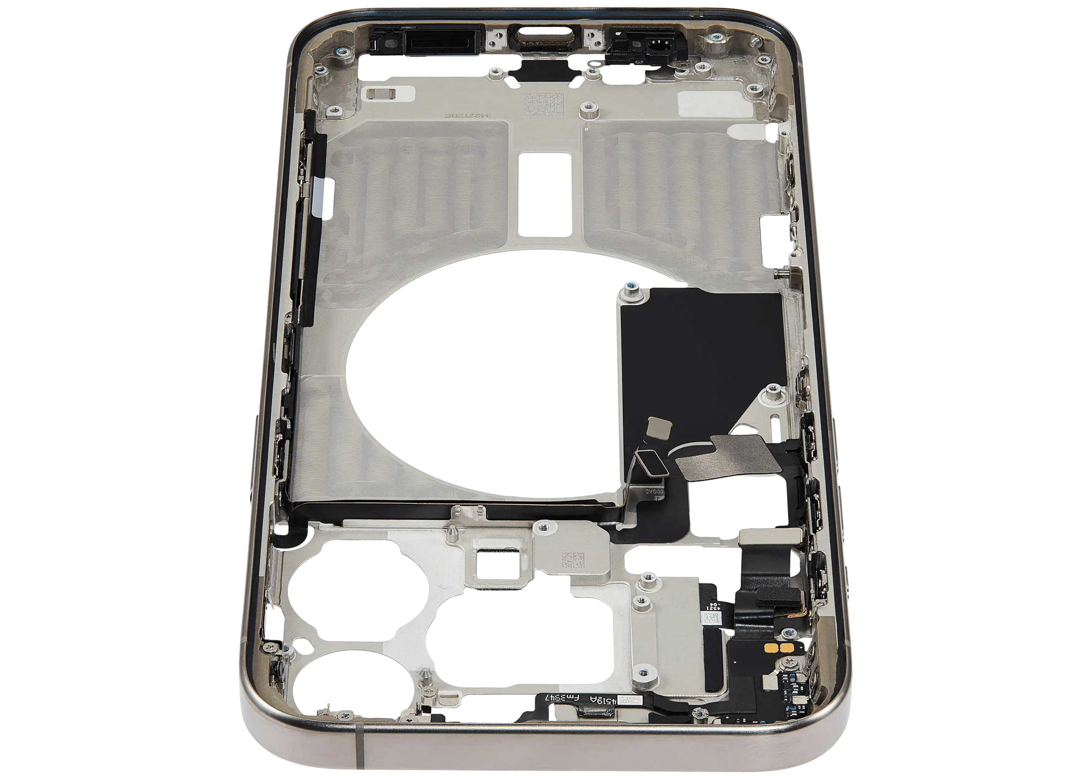 Midframe/Rahmen mit Small Parts für iPhone 15 Pro Max (EU / Global Version) (gebrauchter OEM-Ausbau, Qualität B) (Natural Titanium)