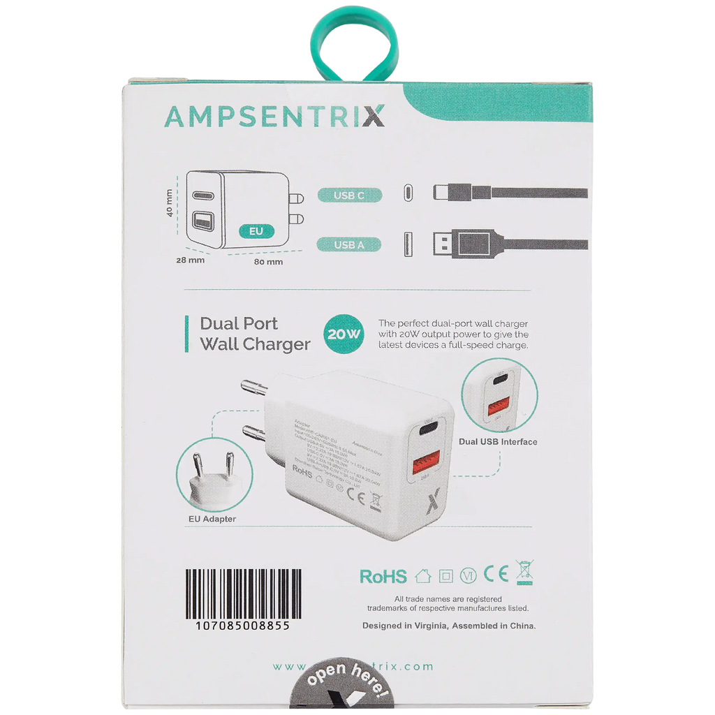 AmpSentrix 2-Port 20W USB Type C and USB Type A Wall Adapter (220V Euro)