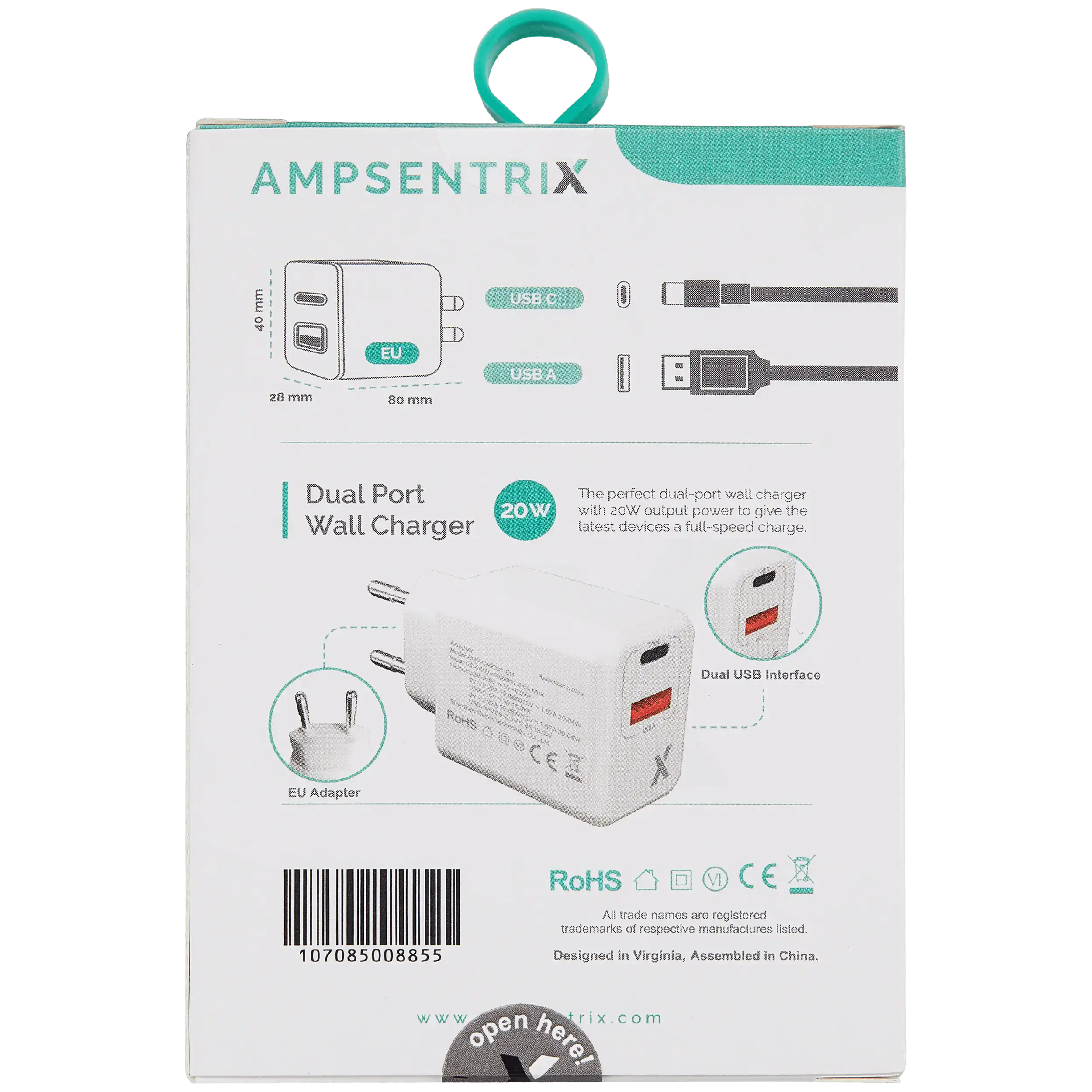 AmpSentrix 2-Port 20W USB Type C and USB Type A Wall Adapter (220V Euro)