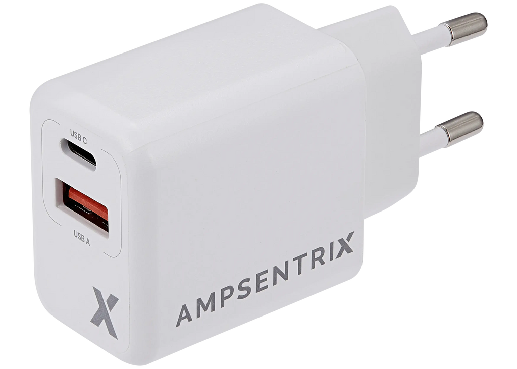 AmpSentrix 2-Port 20W USB Type C and USB Type A Wall Adapter (220V Euro)