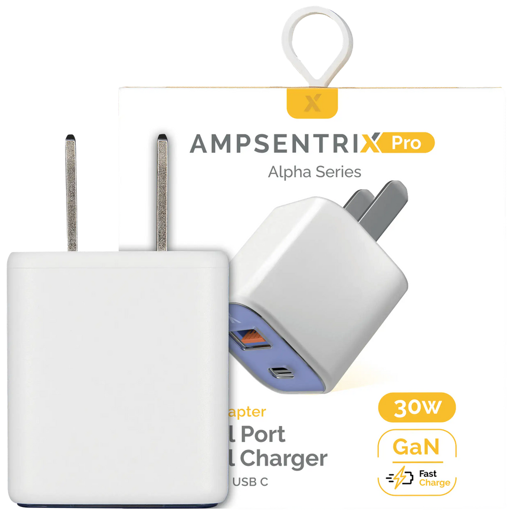 AmpSentrix Pro 30W 2-in-1 USB-C / USB-A GaN Wall Adapter (Ultramarine)