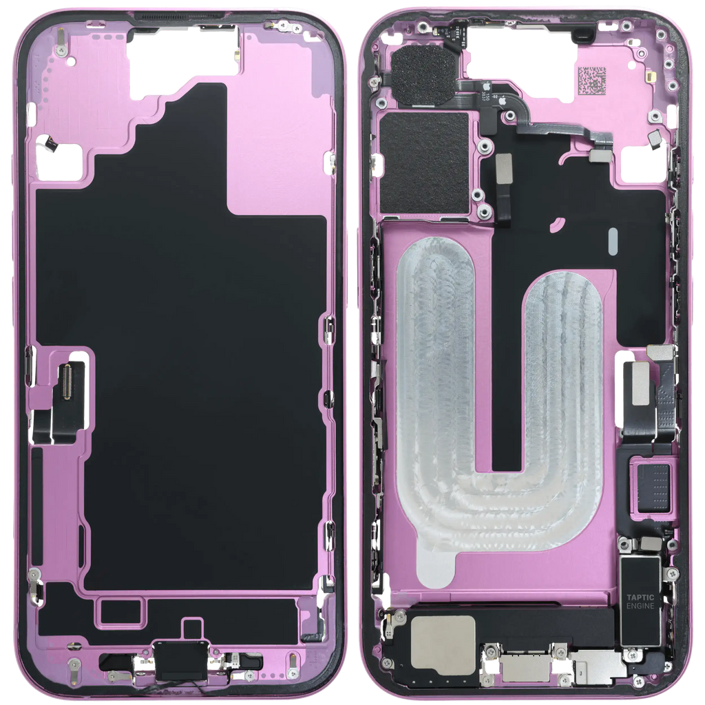Midframe/Rahmen mit Ladebuchse Flex & Small Parts für iPhone 16 (EU / Global Version) (gebrauchter OEM-Ausbau, Qualität A) (Pink)