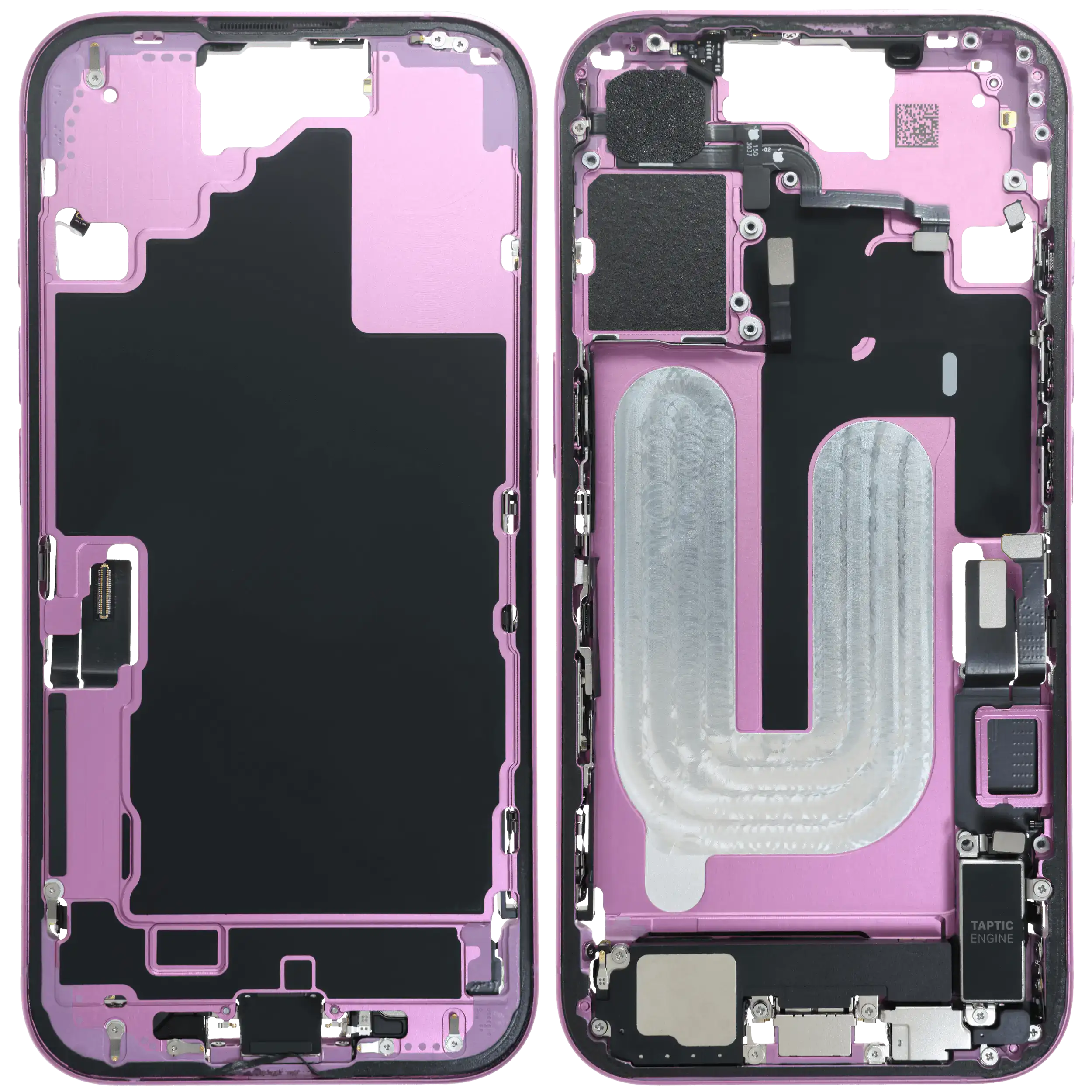 Midframe/Rahmen mit Ladebuchse Flex & Small Parts für iPhone 16 (EU / Global Version) (gebrauchter OEM-Ausbau, Qualität A) (Pink)