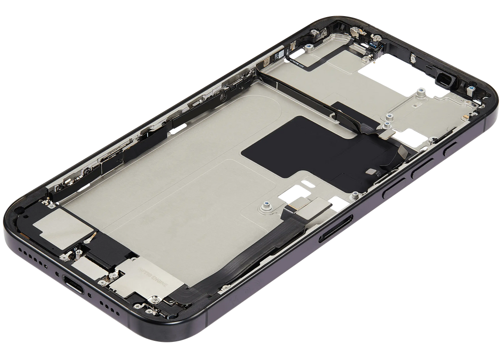 Midframe/Rahmen mit Ladebuchse Flex & Small Parts für iPhone 16 Pro Max (EU / Global Version) (gebrauchter OEM-Ausbau, Qualität C) (Schwarz Titanium)