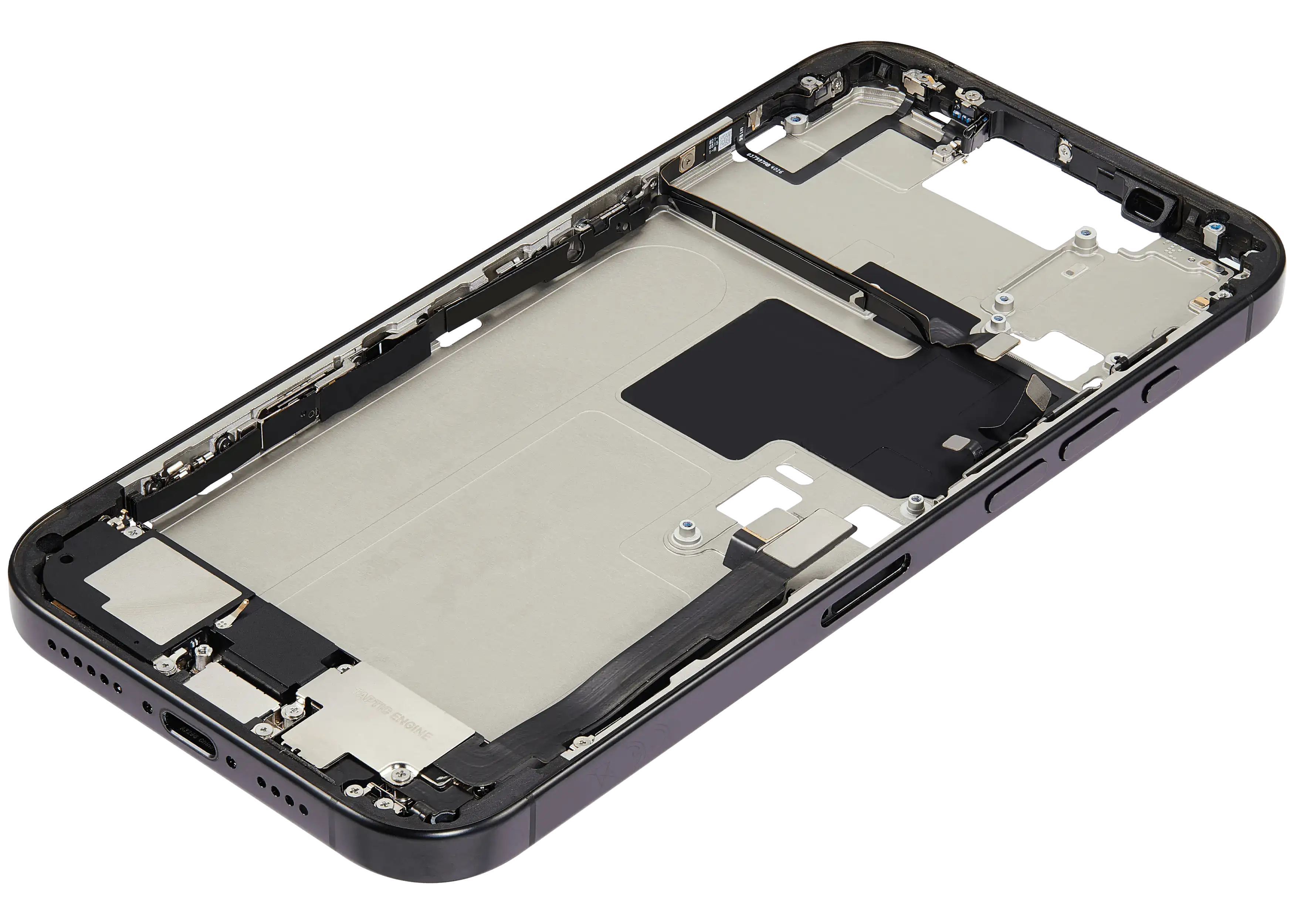 Midframe/Rahmen mit Ladebuchse Flex & Small Parts für iPhone 16 Pro Max (EU / Global Version) (gebrauchter OEM-Ausbau, Qualität C) (Schwarz Titanium)