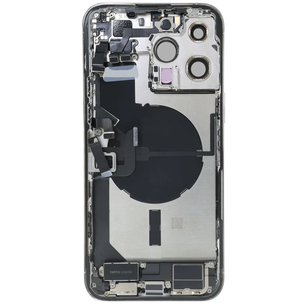 Backcover/Rahmen mit Ladebuchse Flex & Small Parts für iPhone 14 Pro Max (EU / Global Version) (gebrauchter OEM-Ausbau, Qualität C) (Silber)