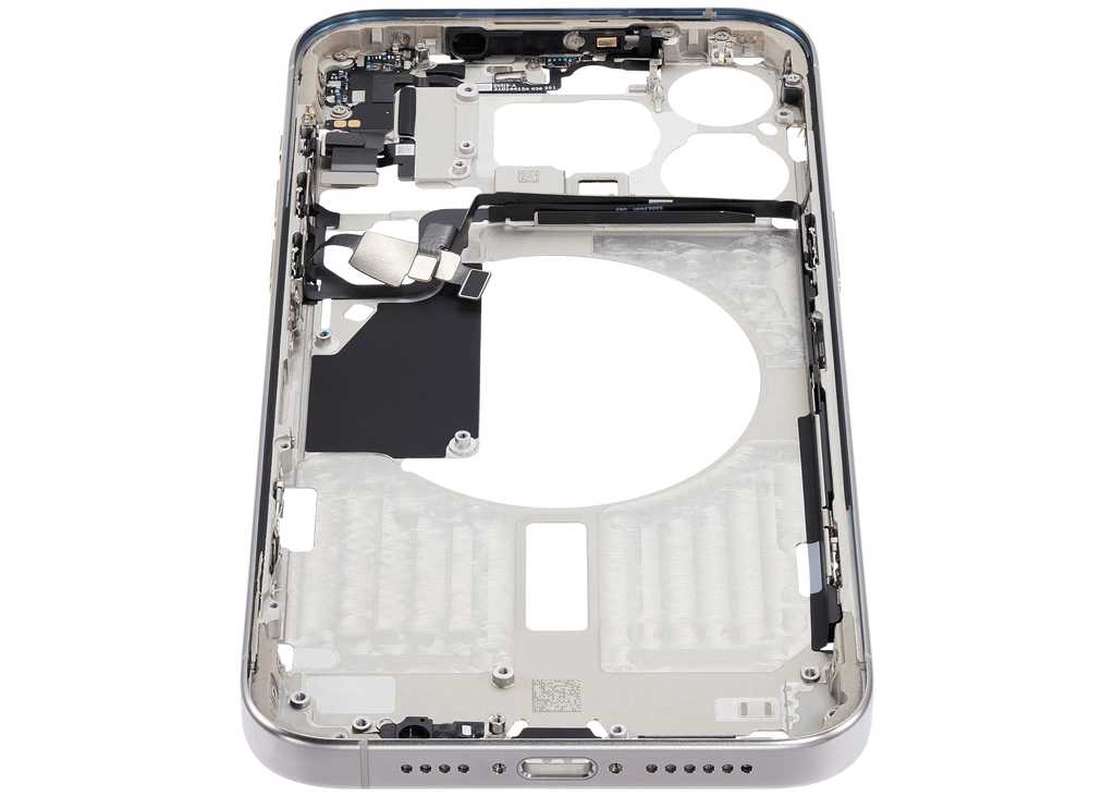 Midframe/Rahmen mit Small Parts für iPhone 15 Pro Max (EU / Global Version) (gebrauchter OEM-Ausbau, Qualität C) (Weiß Titanium)