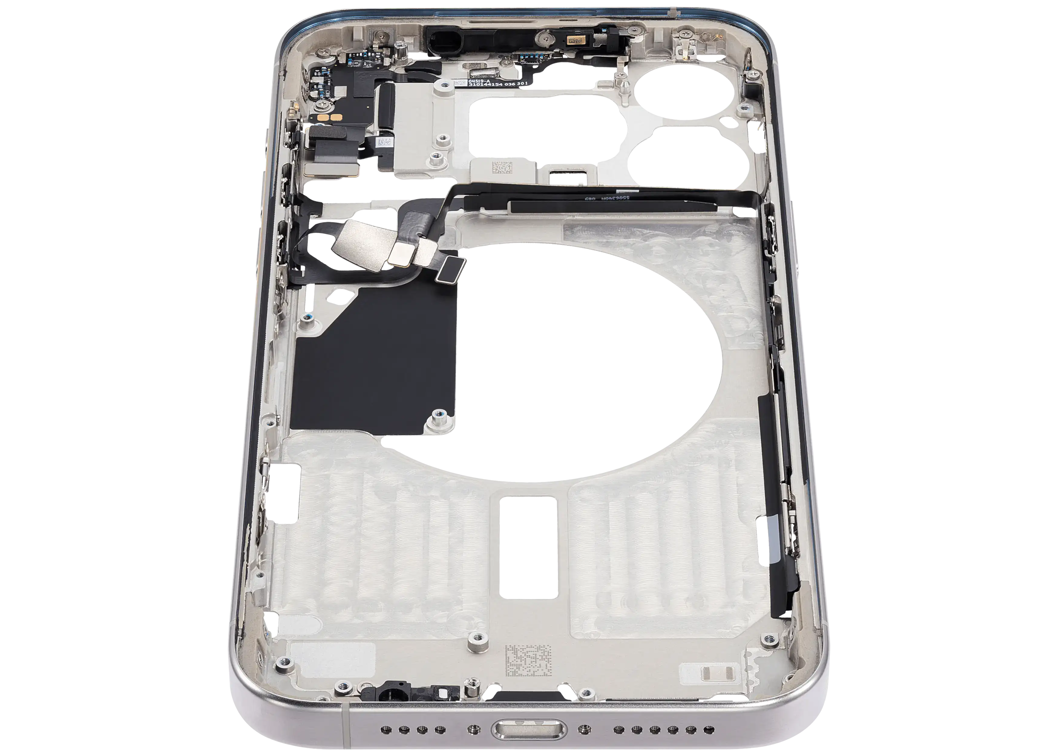 Midframe/Rahmen mit Small Parts für iPhone 15 Pro Max (EU / Global Version) (gebrauchter OEM-Ausbau, Qualität C) (Weiß Titanium)