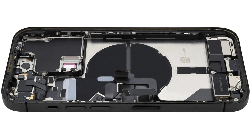 Backcover/Rahmen mit Ladebuchse Flex & Small Parts für iPhone 14 Pro (EU / Global Version) (gebrauchter OEM-Ausbau, Qualität B) (Space Schwarz)