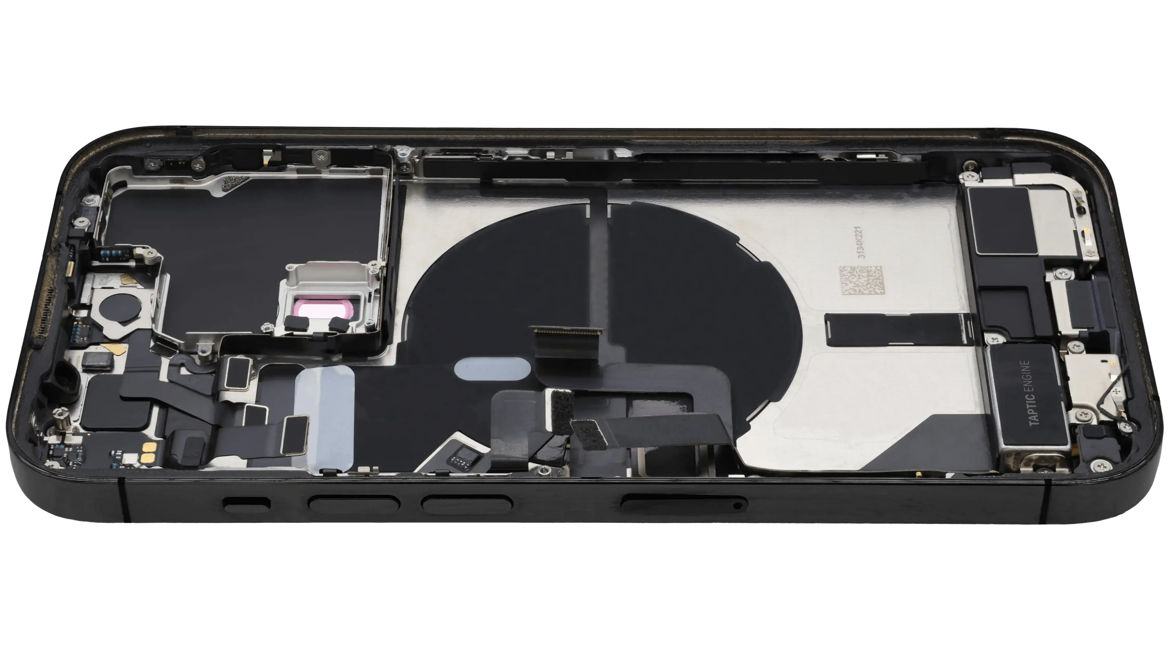 Backcover/Rahmen mit Ladebuchse Flex & Small Parts für iPhone 14 Pro (EU / Global Version) (gebrauchter OEM-Ausbau, Qualität B) (Space Schwarz)