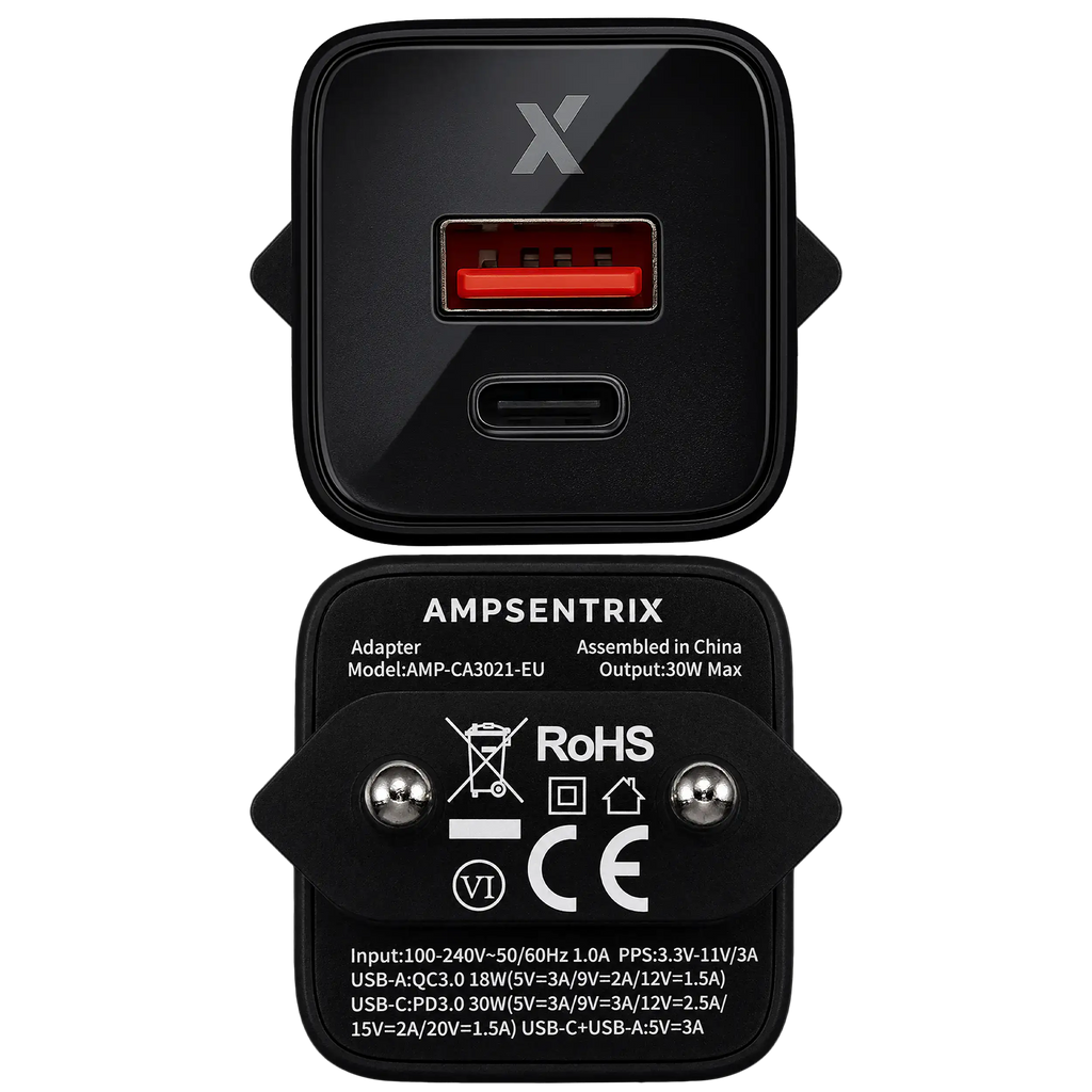 AmpSentrix Pro 30W 2-in-1 USB-C / USB-A GaN Wall Adapter (220V / EU Plug) (Schwarz Titanium)