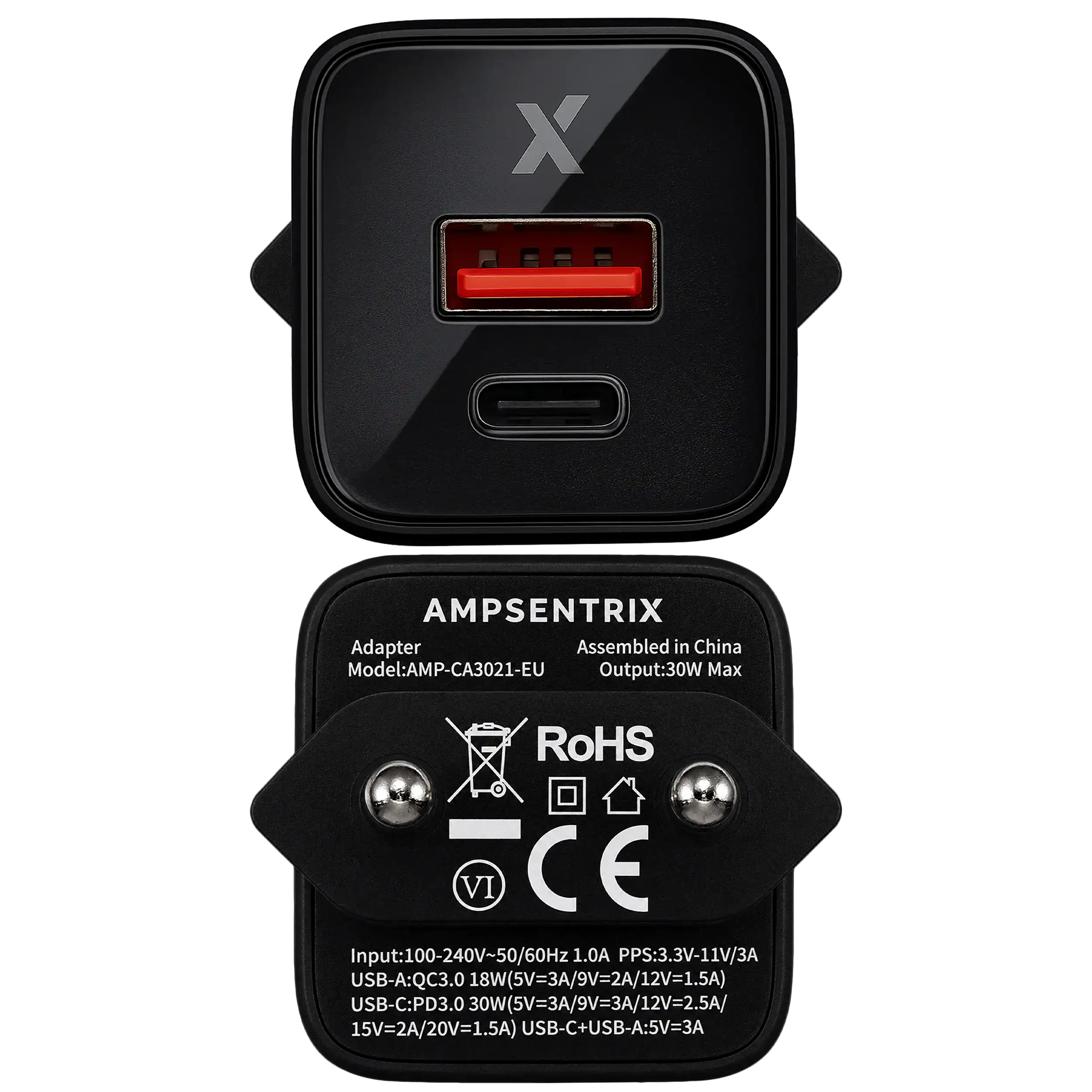 AmpSentrix Pro 30W 2-in-1 USB-C / USB-A GaN Wall Adapter (220V / EU Plug) (Schwarz Titanium)