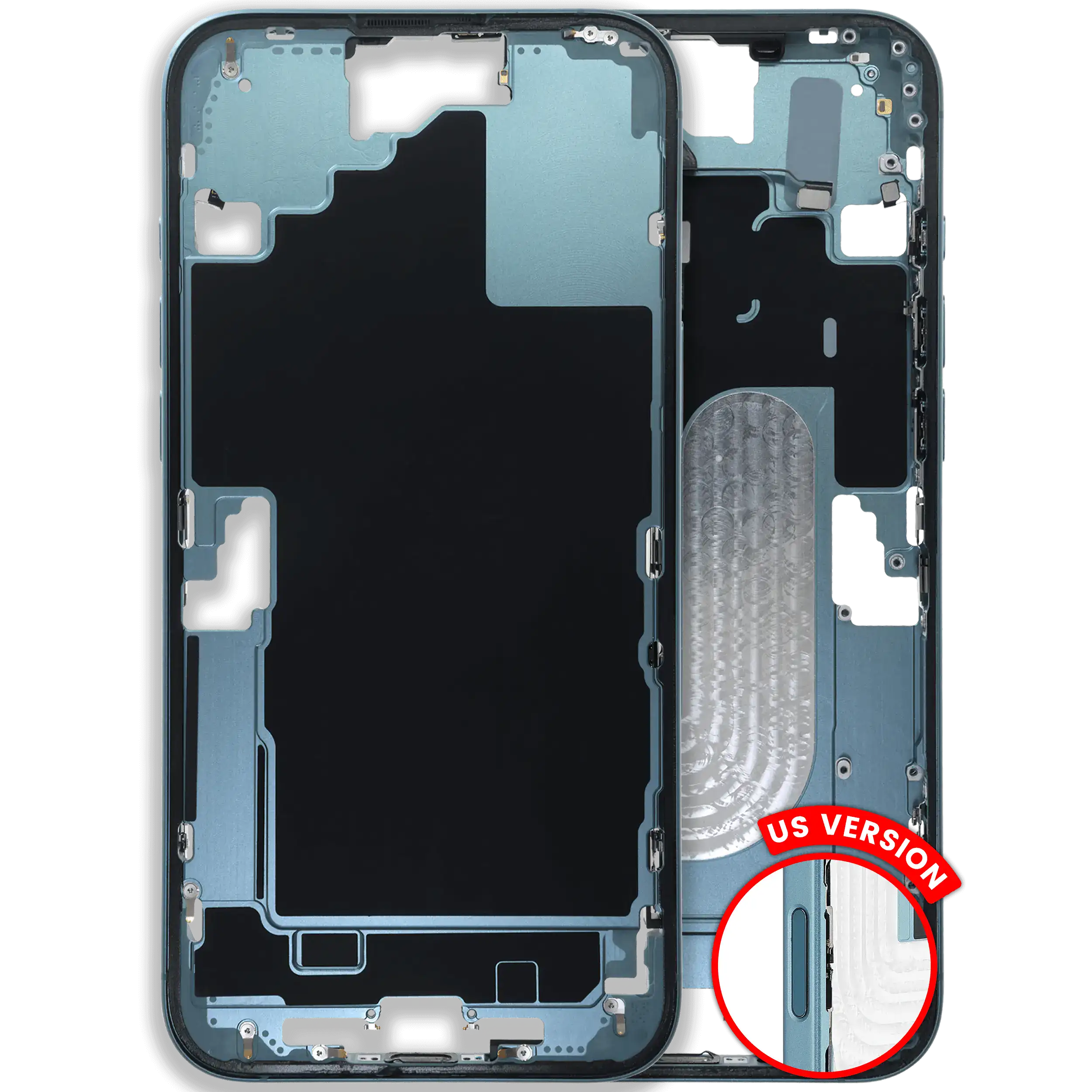 Midframe/Rahmen mit Small Parts für iPhone 16 Plus (US-Version) (gebrauchter OEM-Ausbau, Qualität C) (Teal)
