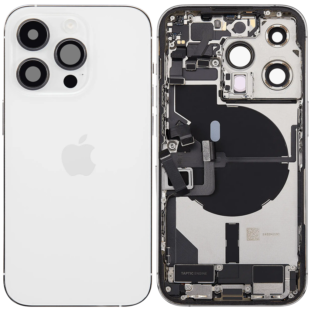 Backcover/Rahmen mit Ladebuchse Flex & Small Parts für iPhone 14 Pro (EU / Global Version) (gebrauchter OEM-Ausbau, Qualität B) (Silber)